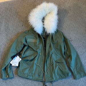 Green Jacket with White Fur Hood